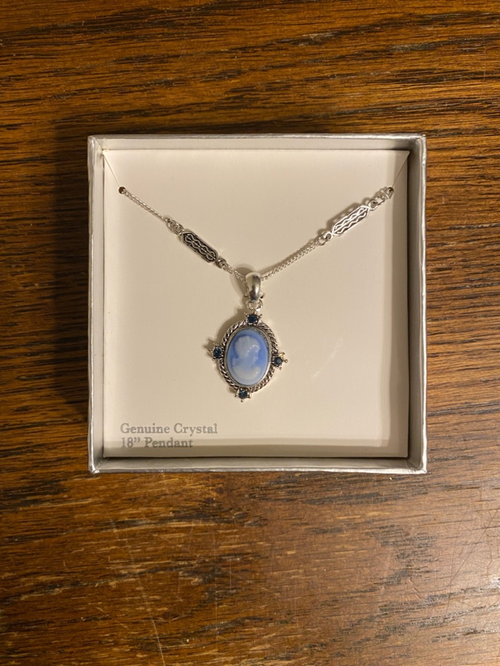 Vintage Style Blue Cameo Genuine Crystal Pendant Necklace NIB 18" Silver Tone